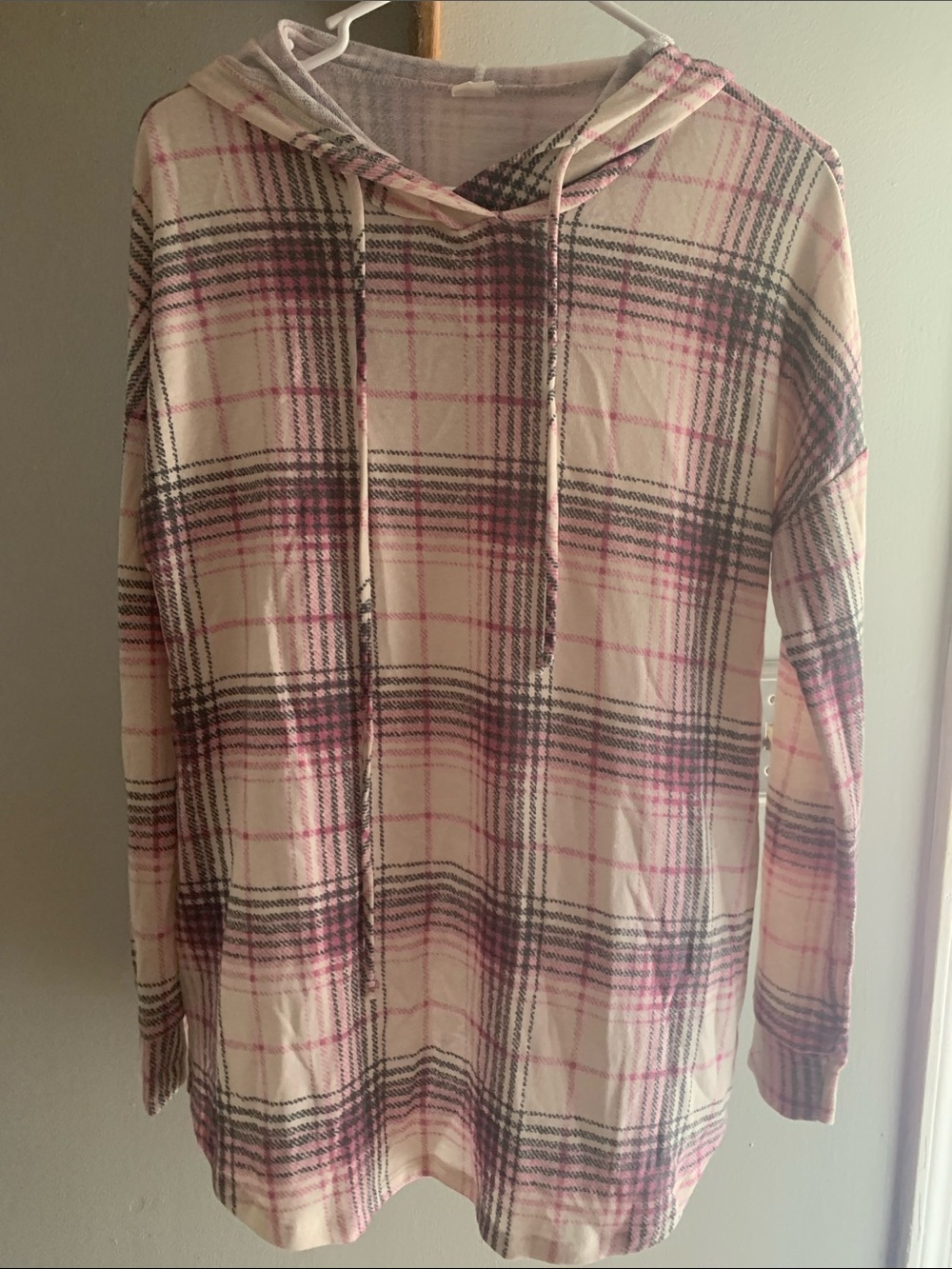 Sew In Love Cream Plaid Hooded Sweater with Pink and Gray Accents